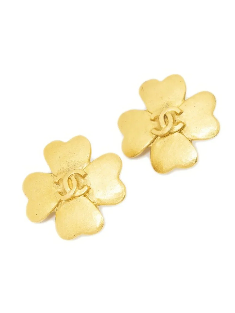 Chanel CC Clover Dangle Clip on Earrings Gold Plated
